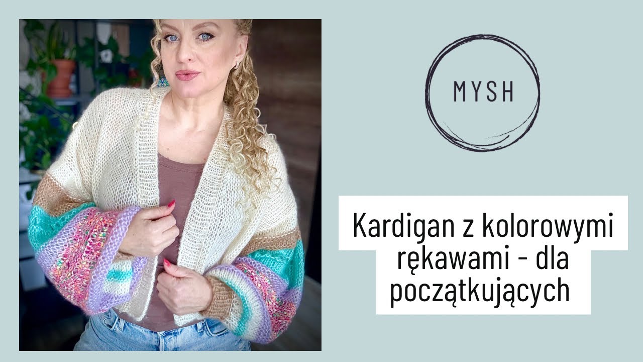 Kardigan z kolorowymi rękawami- wzór na drutach dla początkujących