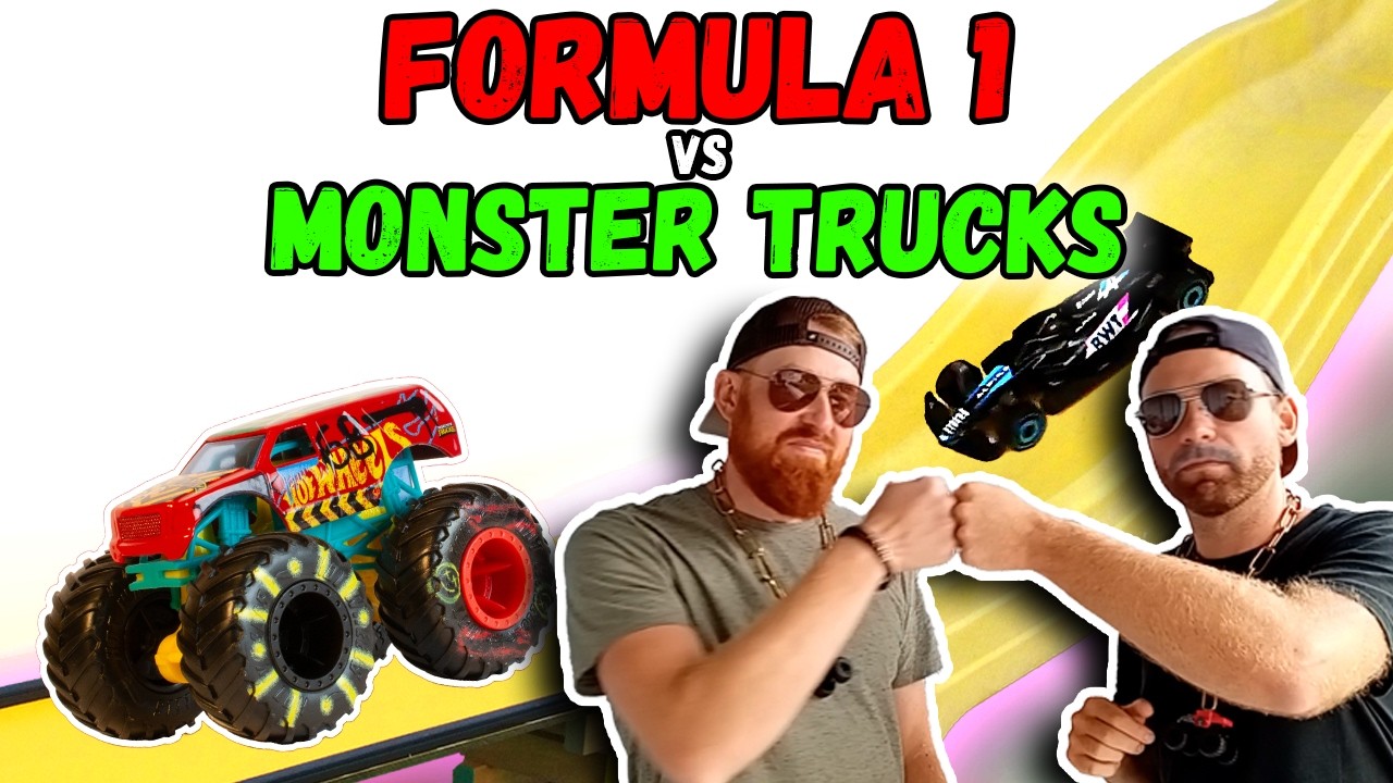 Formula 1 vs MONSTER TRUCKS Waterslide F1 Grand Prix Hot Wheels Racing Slide in the Pool Race