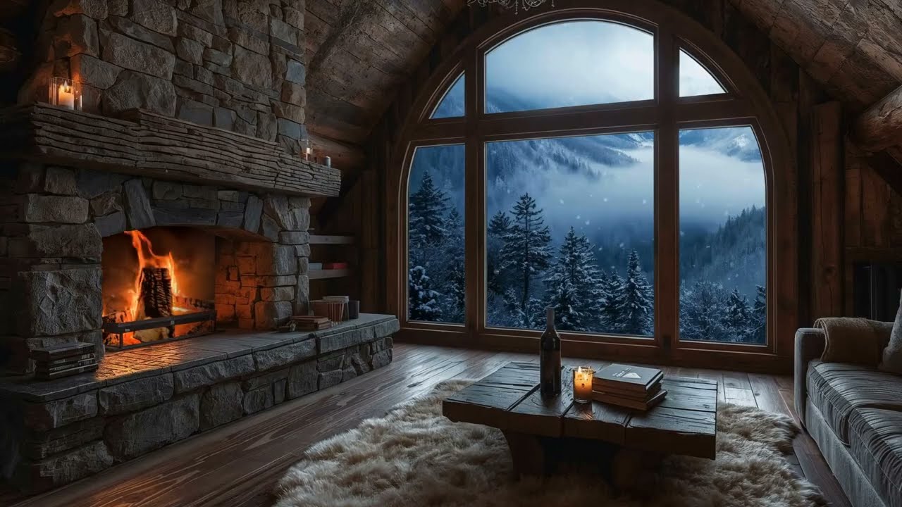 🔥 Stone & Wood Cabin Ambience for Deep Sleep ❄️ Gentle Snowstorm & Fireplace Sounds 🛋️