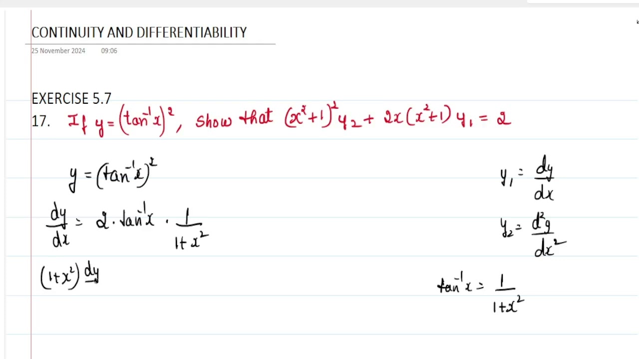 Если y = (tan–1 x)^ 2, покажите, что (x 2 + 1)^2 y 2 + 2x (x 2 + 1) y 1 = 2; класс 12, важный вопрос