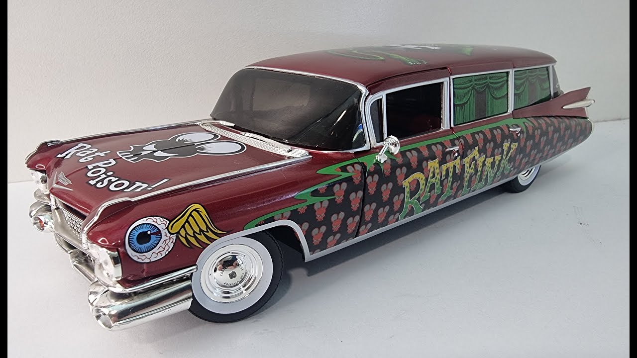 auto world rat fink 1959 Cadillac Eldorado hearse unboxing 1/18 - 1/21 scale limited edition ecto 1