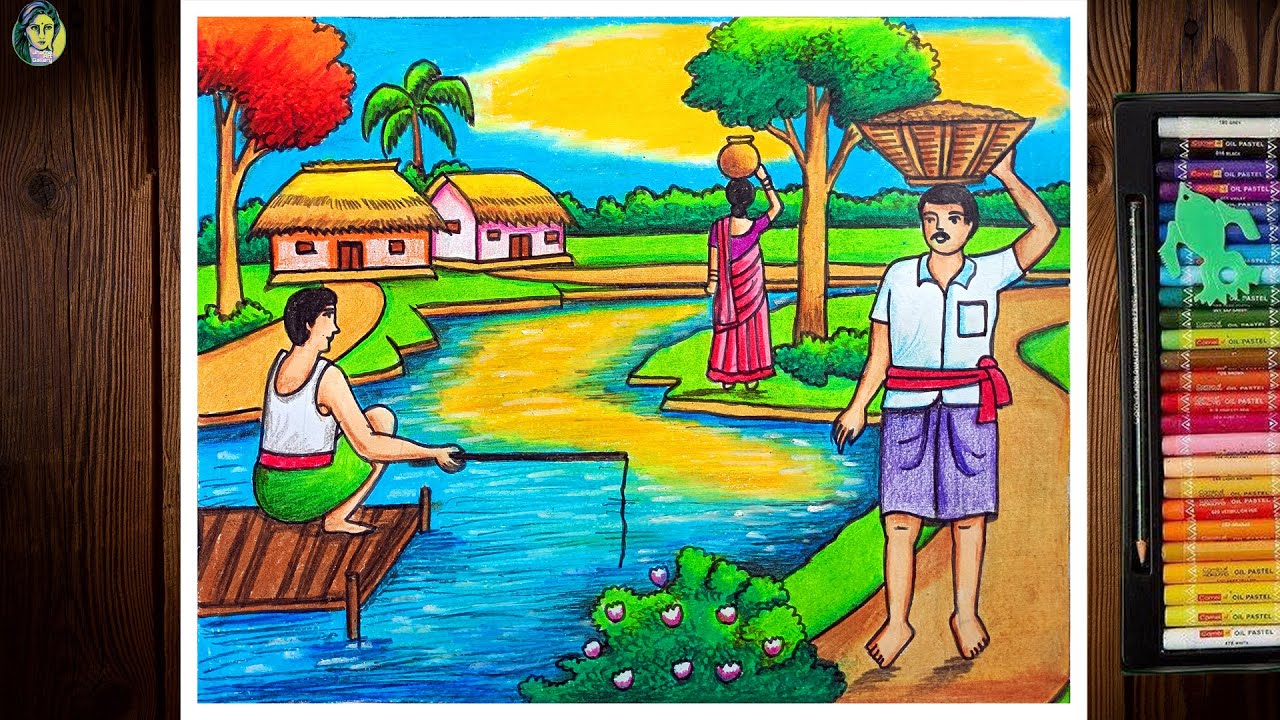 Village Scenery Drawing Easy And Beautiful | How To Draw A Village Scenery | Village Drawing Easy