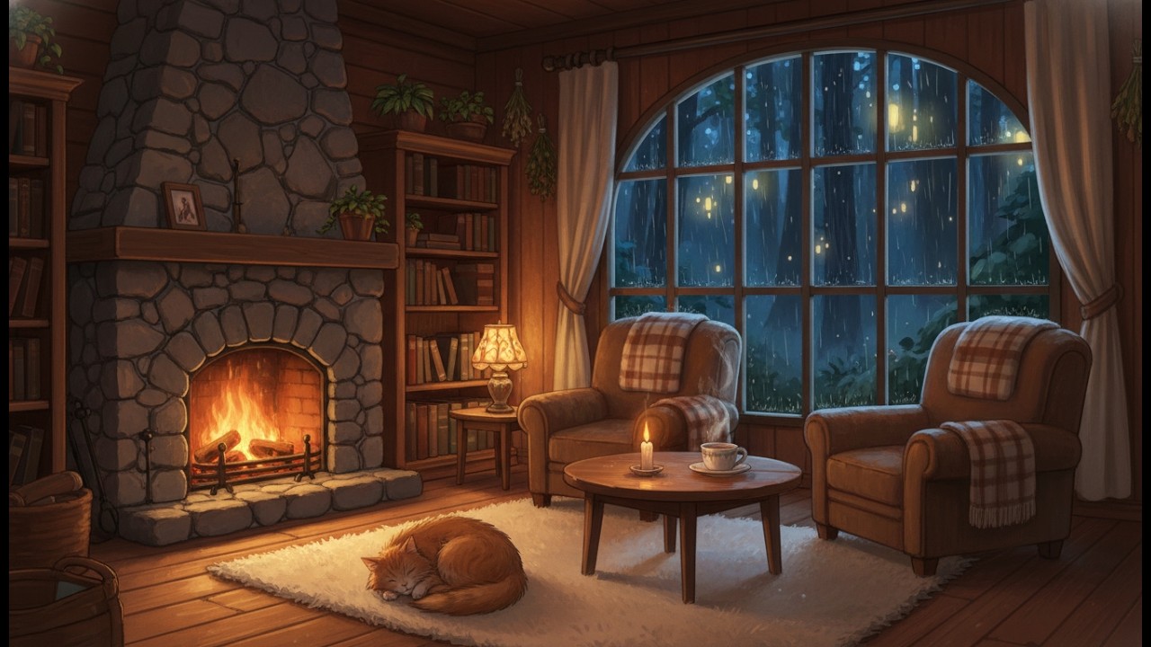 Rainy Evening Cabin with Fireplace 🌧️🔥 Calm Lofi Music for Study, Focus & Relaxation