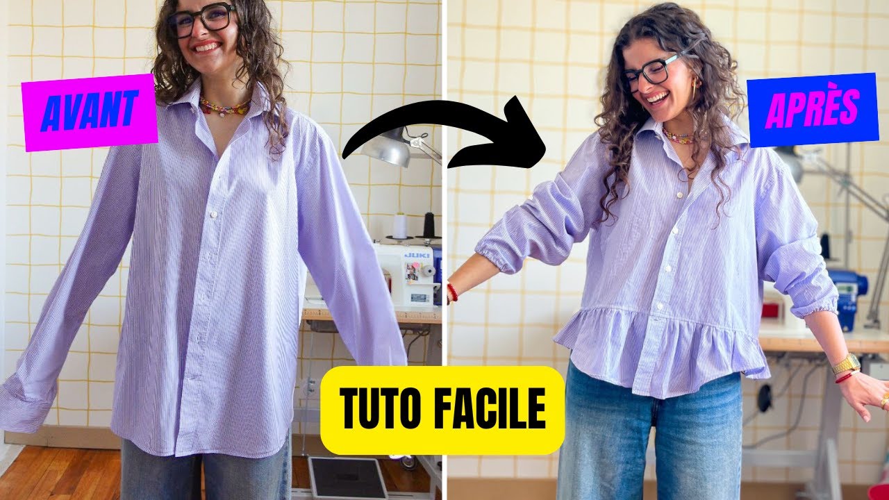 TUTO TRANSFORMATION DE CHEMISE ✂️d'une chemise homme classique à une chemise à volants féminine ✨