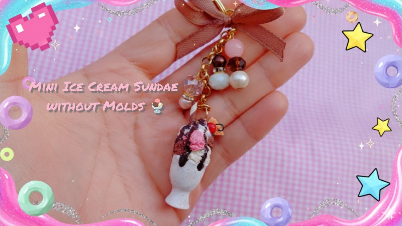 How to make Miniature Neapolitan Ice cream Sundae Keychain with Polymer Clay at Home (Without Molds)