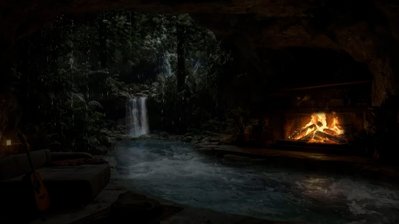 Sleeping in a Cozy Cave While It Rains Outside 🌧️ Relaxing Rain & Fireplace Sounds After a Long Day🔥