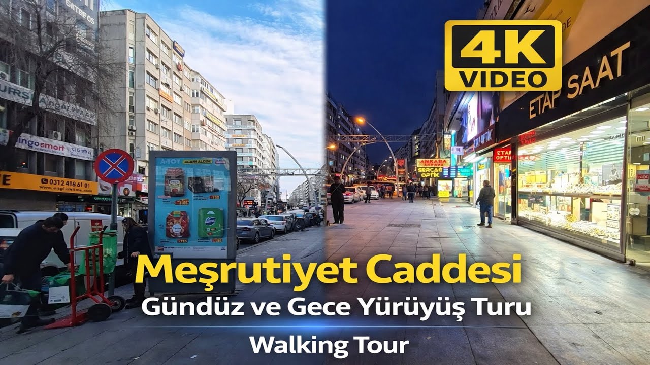 Meşrutiyet Caddesi Gündüz ve Gece Yürüyüş Turu, Çankaya, Ankara | 4K