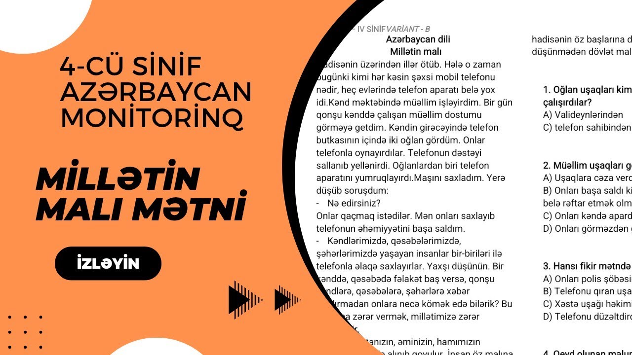 4-cü sinif Monitorinq  Azərbaycan dili testləri/ Millətin Malı mətni/Monitorinq 2025