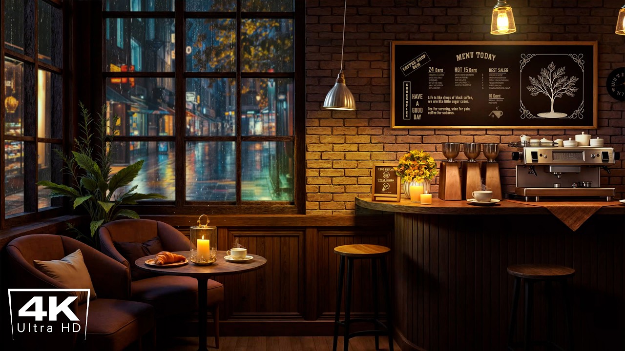 [4K] Gentle Rainy Night at Cozy Coffee Shop Ambience ☕ Soothing Jazz Background Music to Relax