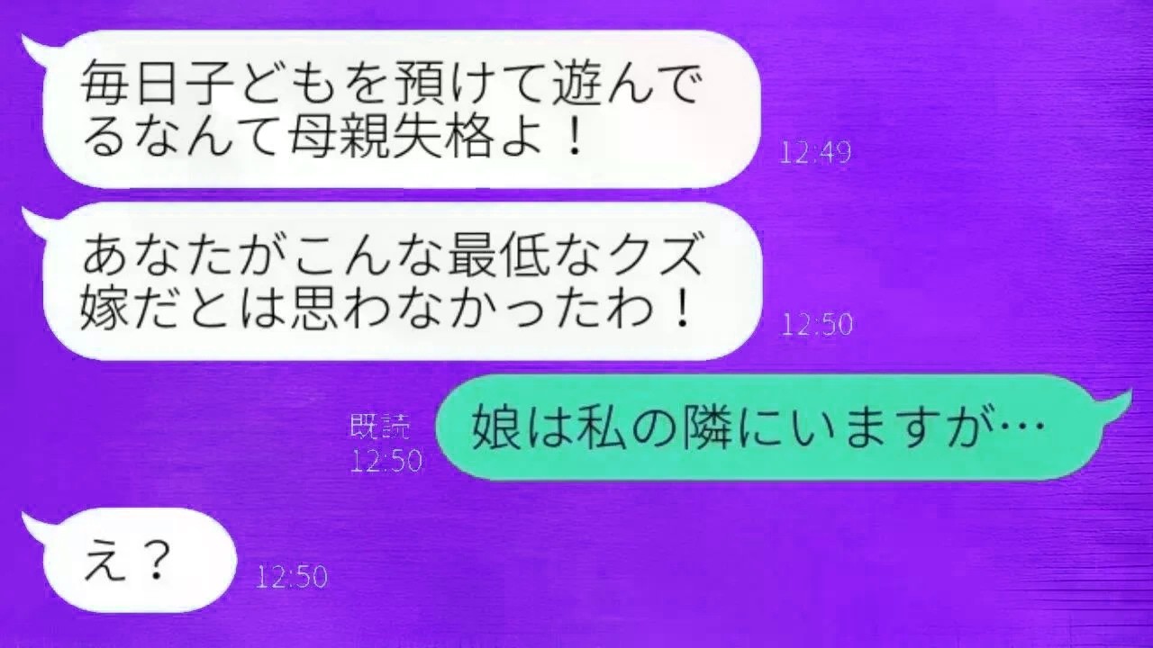 義母から驚きの激怒メッセージ「毎日子どもを預けて遊び回るなんて母親として失格よ！」私「娘は私のそばにいますが…」→姑が預かっていた子供の正体が… 1