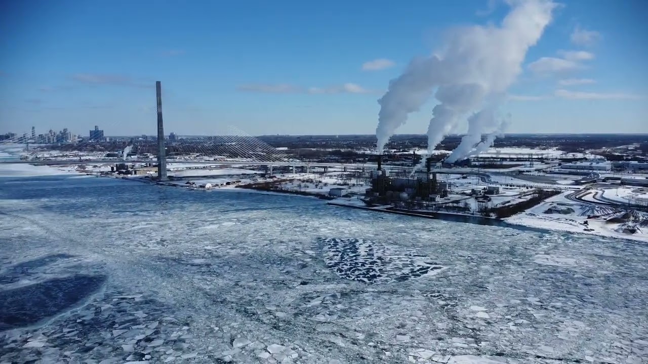The Detroit river has frozen over. Enjoy the flight!