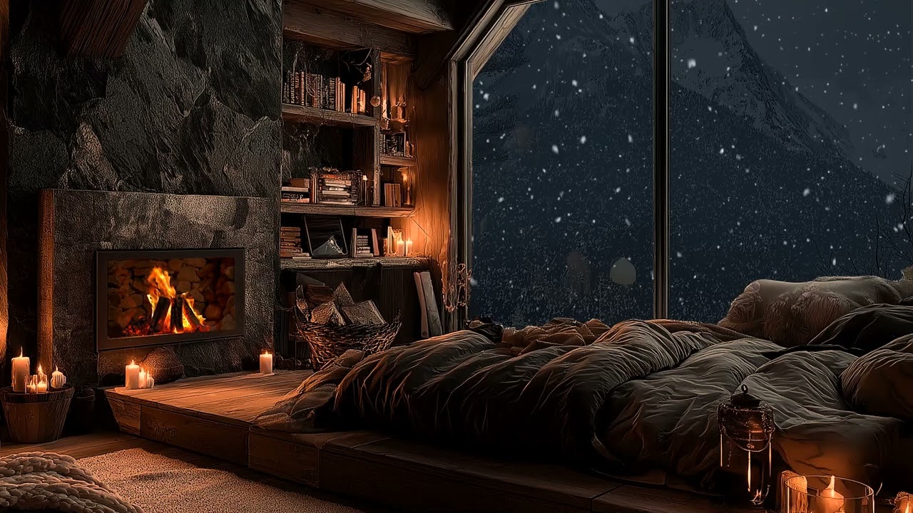 (No Ads) Gentle Winter Wind and Crackling Fireplace | Quiet Night Ambience