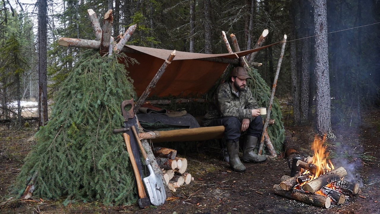 Solo Overnight: Upgraded Bushcraft Shelter in Rain & Snow (Wolf at Camp & Ice Fishing Failure!)