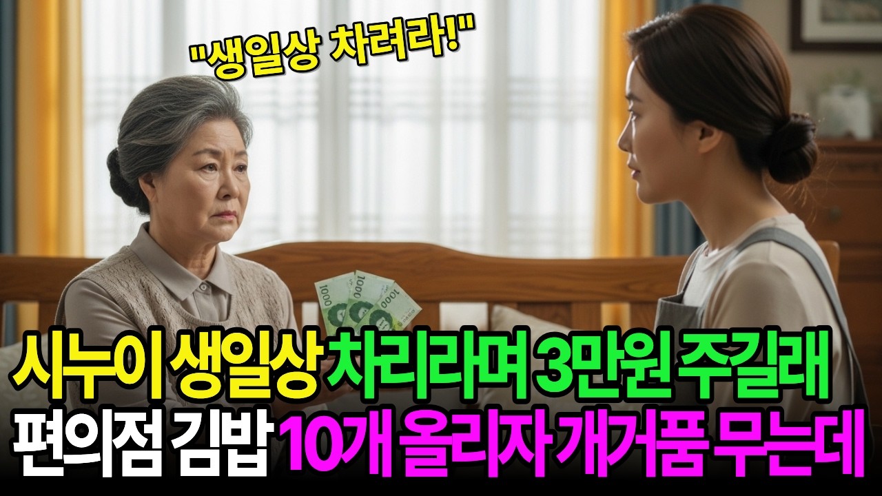 잘난 시누이 생일상 차려주라며 시어머니가 3만원 주길래 편의점 김밥 10개로 상을 차리자 시어머니가 개거품을 무는데...