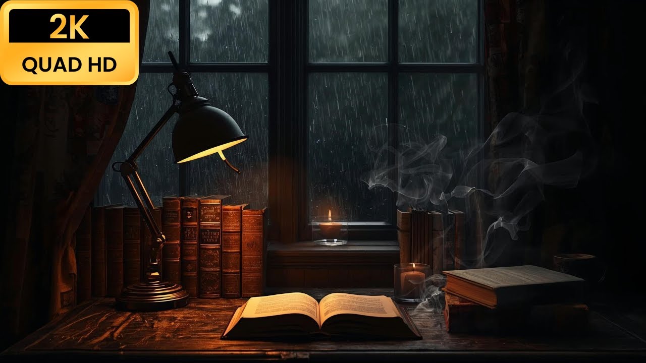 Cozy Rainy Night Study Ambience – Warm Desk Lamp, Old Books & Gentle Storm Sounds 🌧️📚