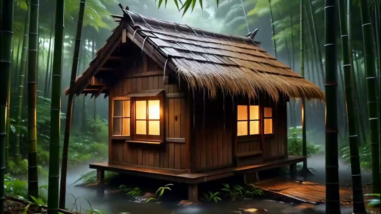 Cozy Rain at Bamboo House in Forest | ASMR for Deep Sleep