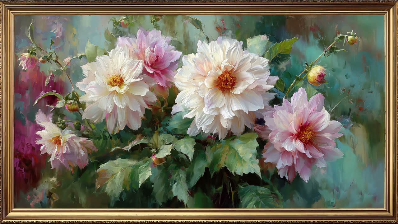 Elegant Pink & White Dahlias | Lush Floral Oil Painting | Still Art Screen Saver | 4K