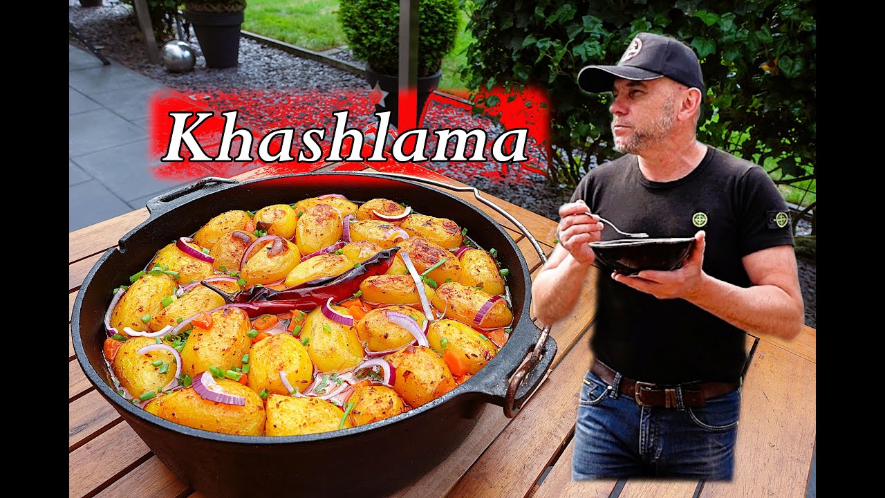 Khashlama ist ein Fleisch - Gemüse Eintopf aus Kaukasus Region.  Dutch Oven Rezepte. Kazan