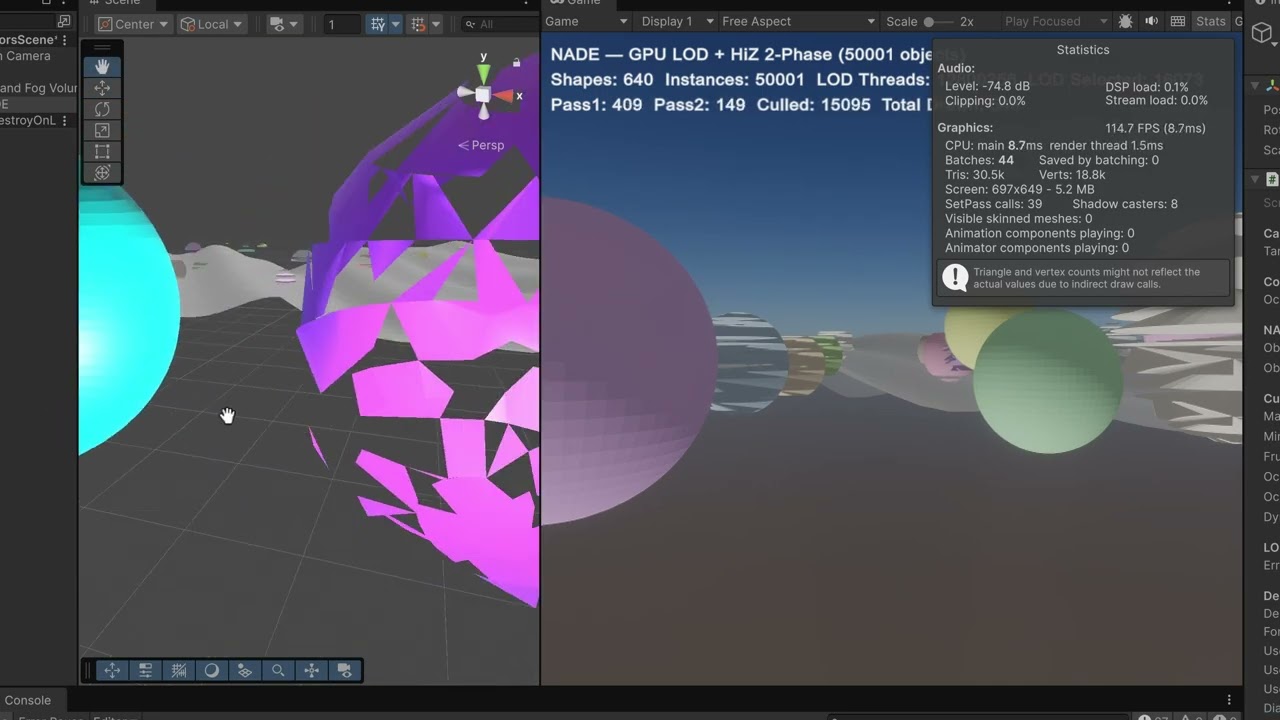 NADE V3 5000 Instances at 180 FPS, 10000 Instances at 140 FPS, 50,000 Instances at 105 FPS In HDRP