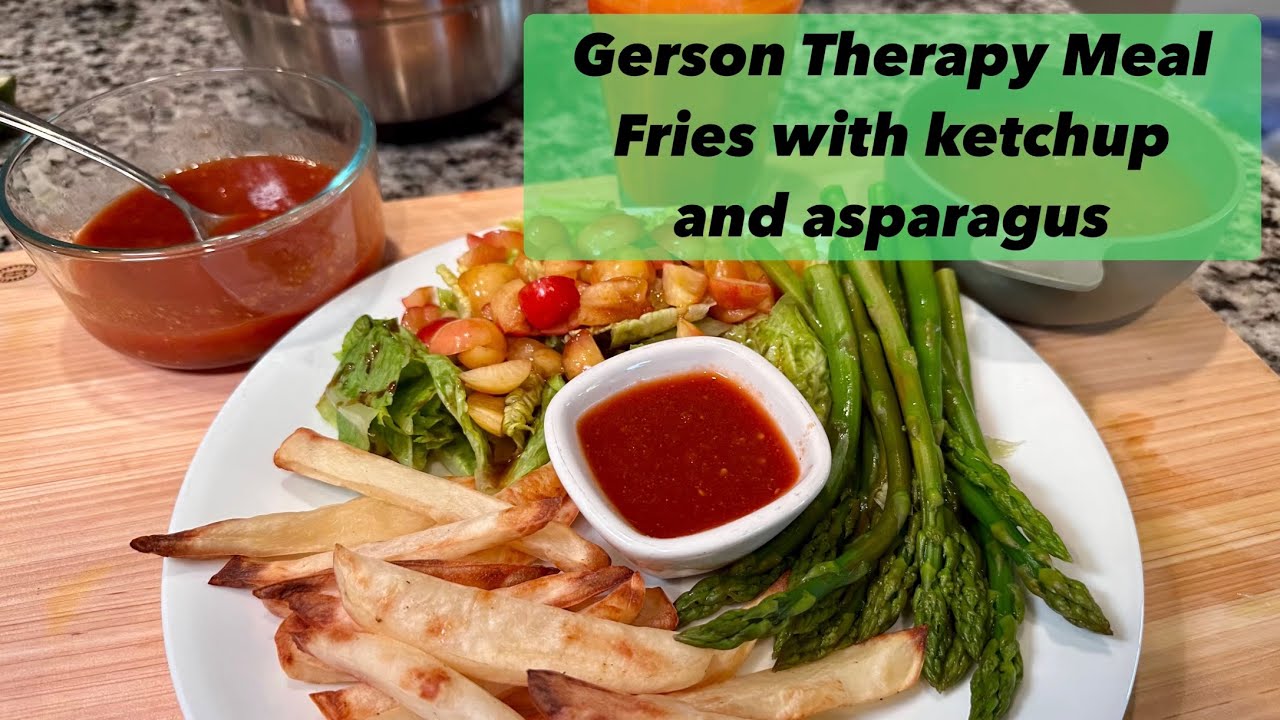 Homemade French Fries with Ketchup and Asparagus - Gerson Therapy Meal