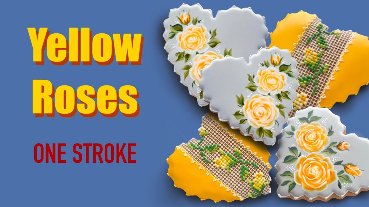 Beautiful Yellow Roses. Cookie Art. One Stroke and Cross-Stitch techniques.