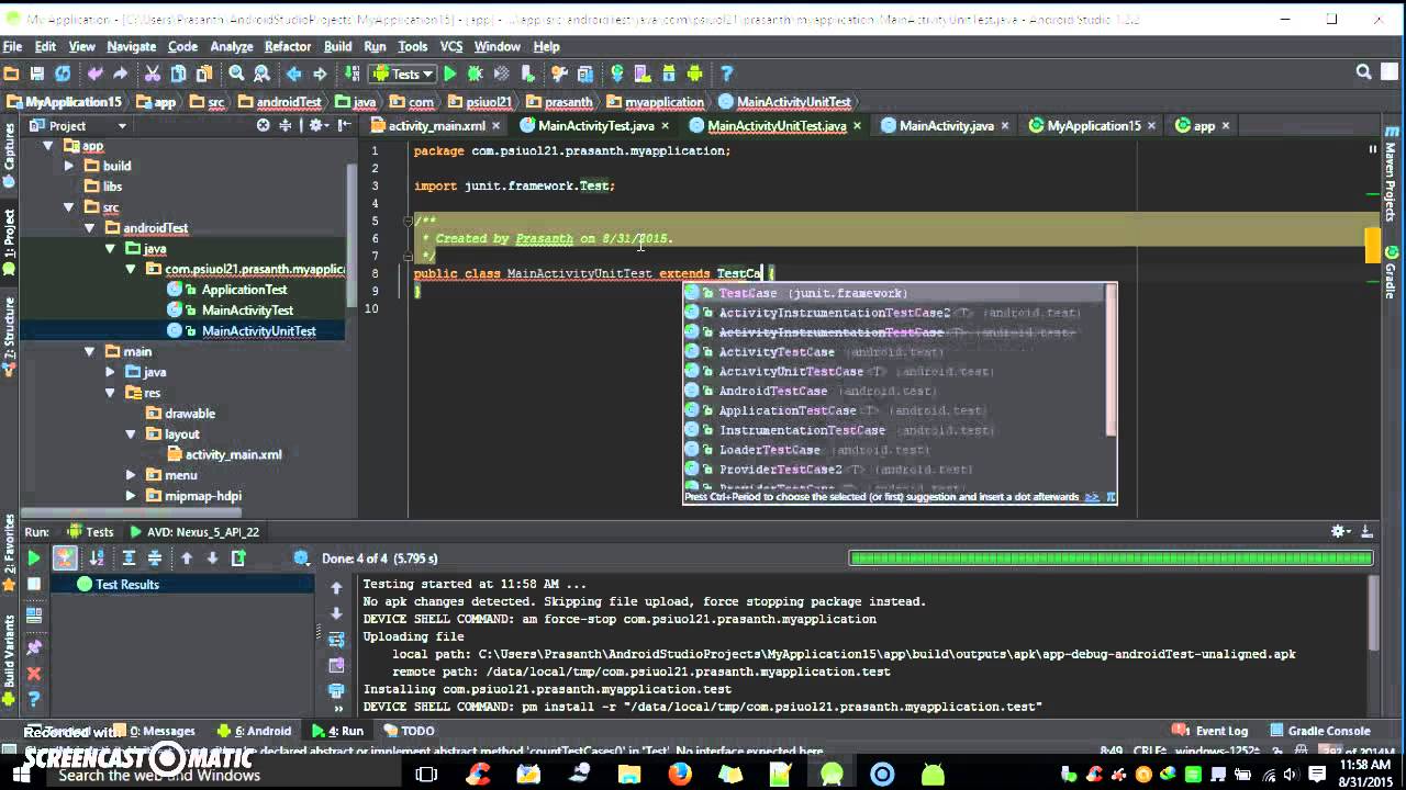 Unit and Instrumentation tests for Android-