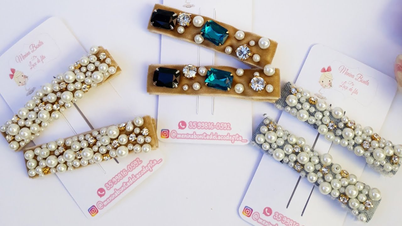 Hair clip de perolas e pedrarias - Presilha bordada com pedras e pérolas