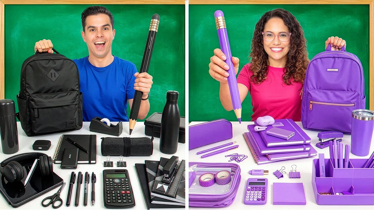 O MELHOR MATERIAL ESCOLAR DE CADA COR VENCE! ROXO vs PRETO!
