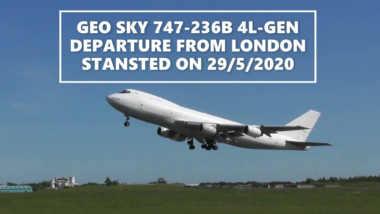 **VERY RARE** GEO SKY 747-236B(SF)  4L-GEN departing London Stansted airport on 29/5/2020
