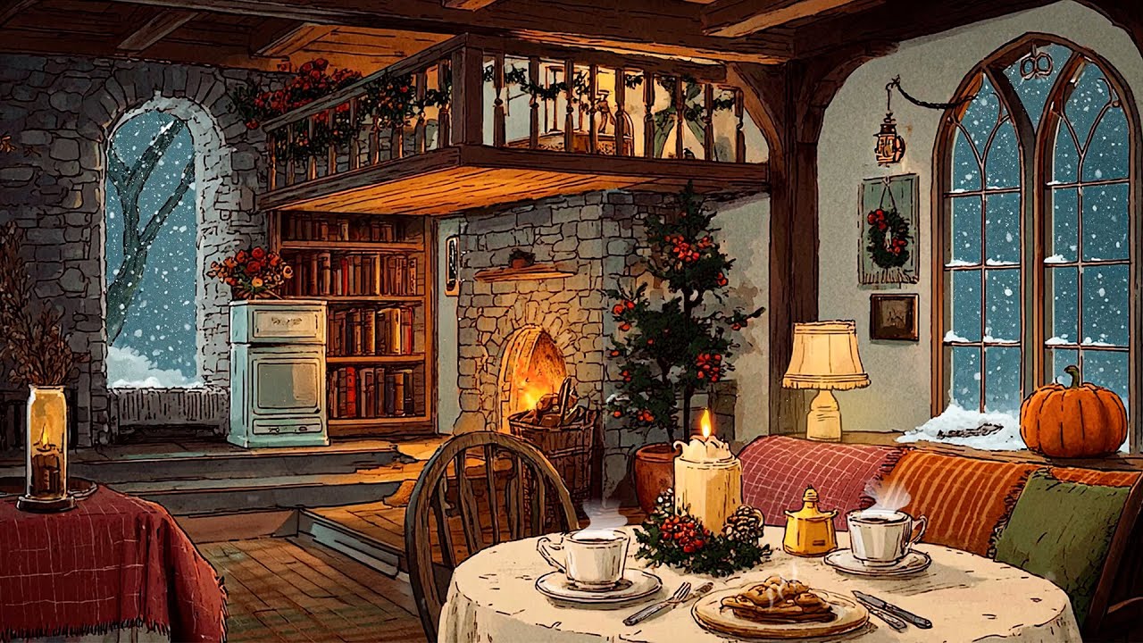 It’s a cozy cottage room with 1940s oldies playing in another room for a cozy winter evening ☕❄️
