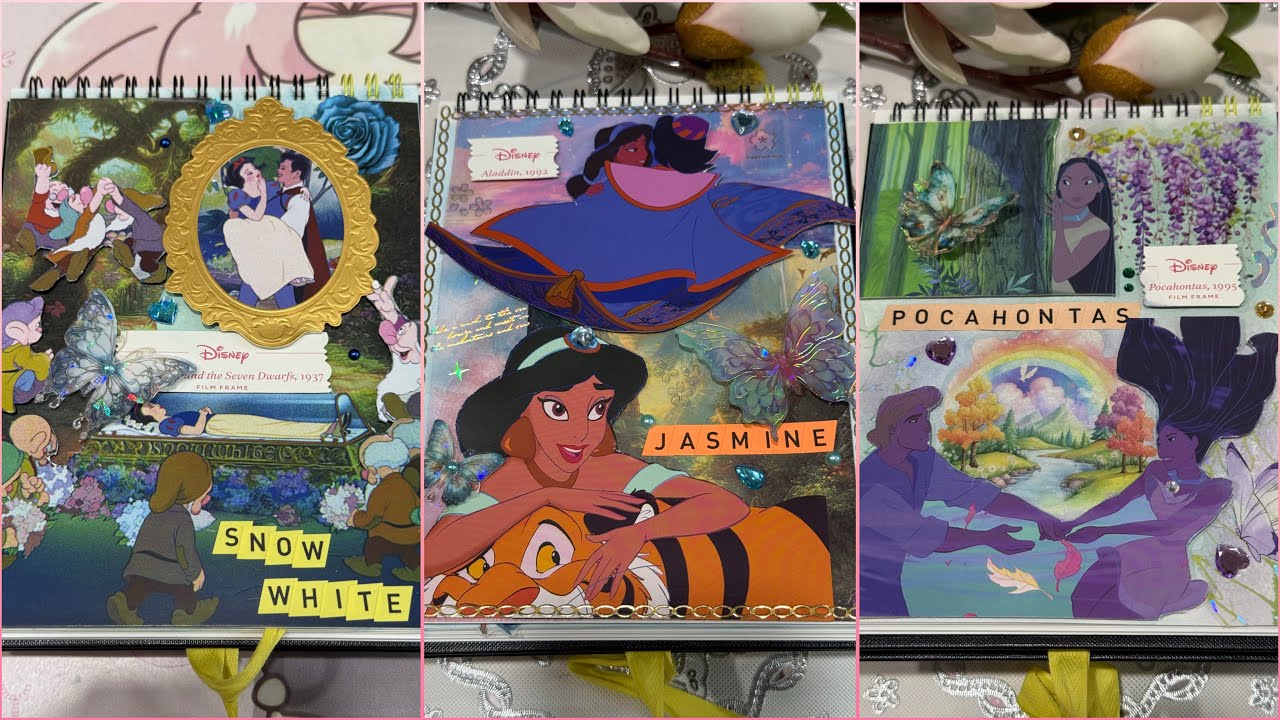 ASMR journal Disney Princess Postcard Box Collections Snow White, Jasmine and Pocahontas 🏰🍎🐅🍃🌈🦋✨