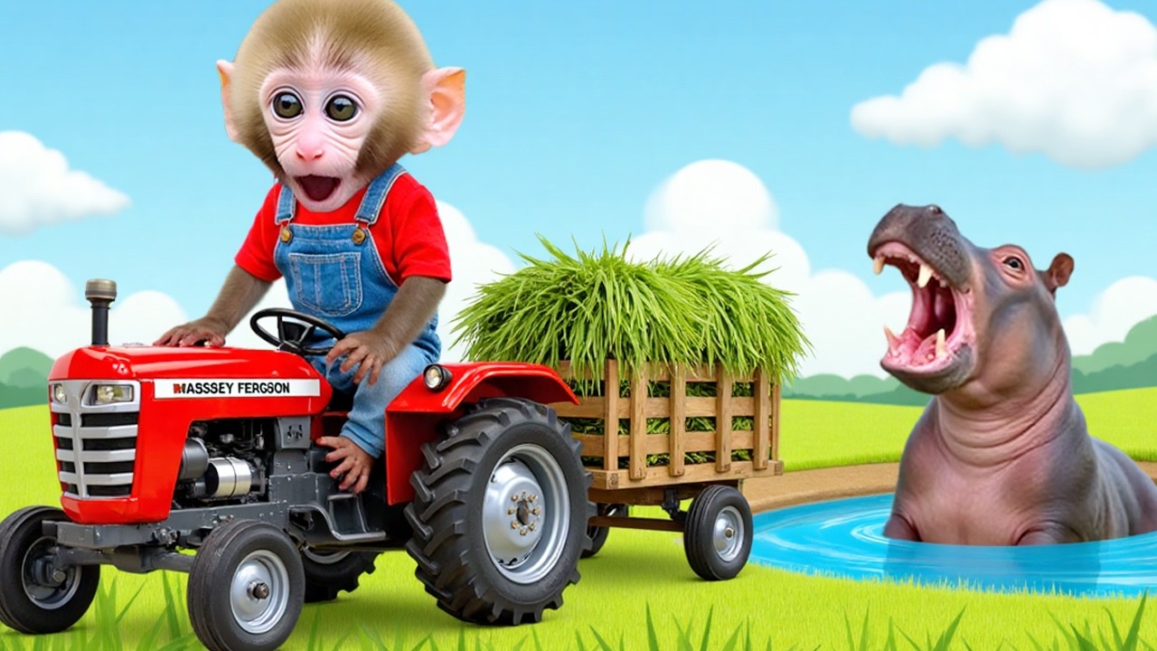 Monkey Nana drives a tractor full of grass for the dairy cow but gets chased by a hippo.