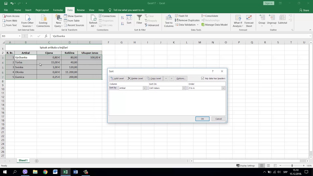 Excel2016: Sortiranje i filtriranje podataka
