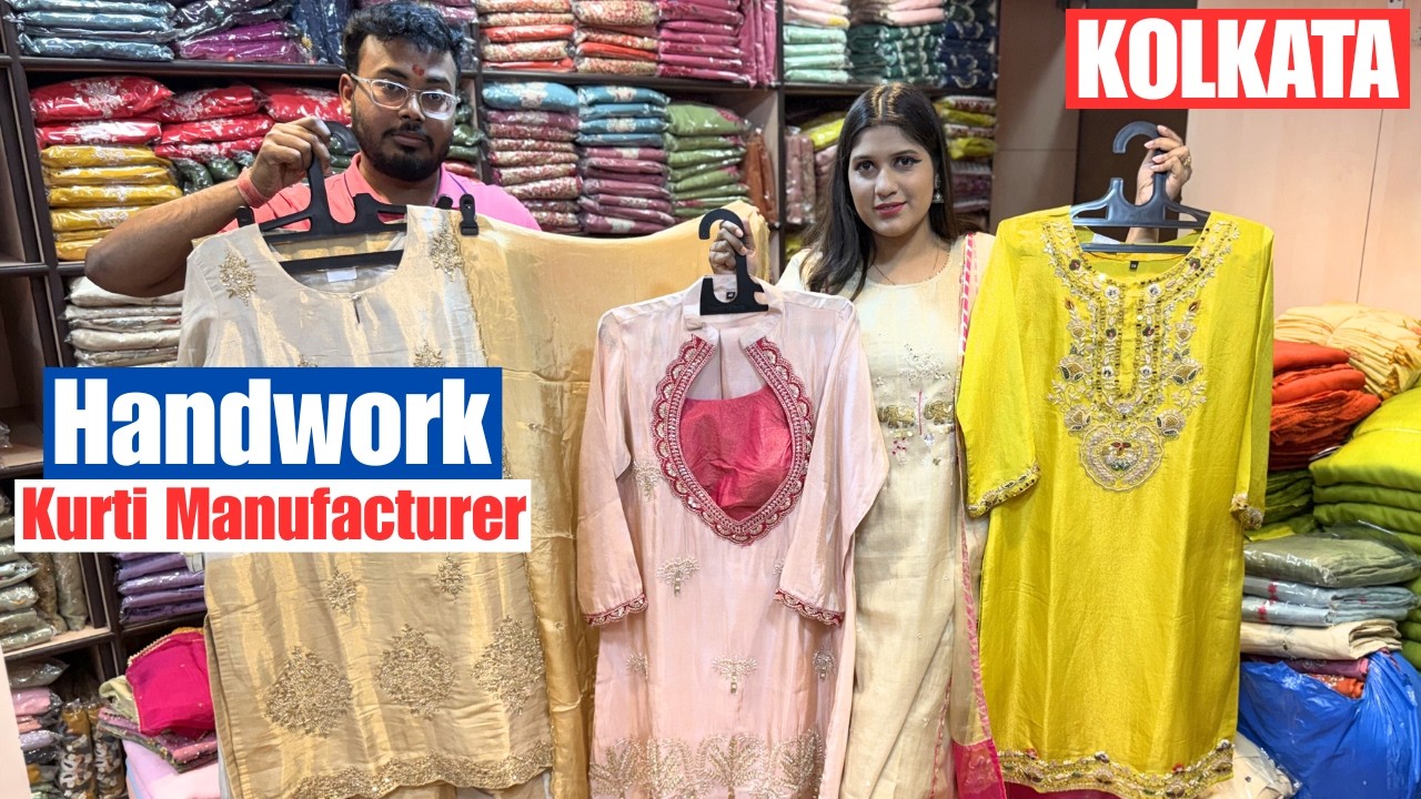 Mul Tissue/ Mul Chanderi 3pc Kurti With Zardosi & Bullion knot Work Manufacturer in Kolkata