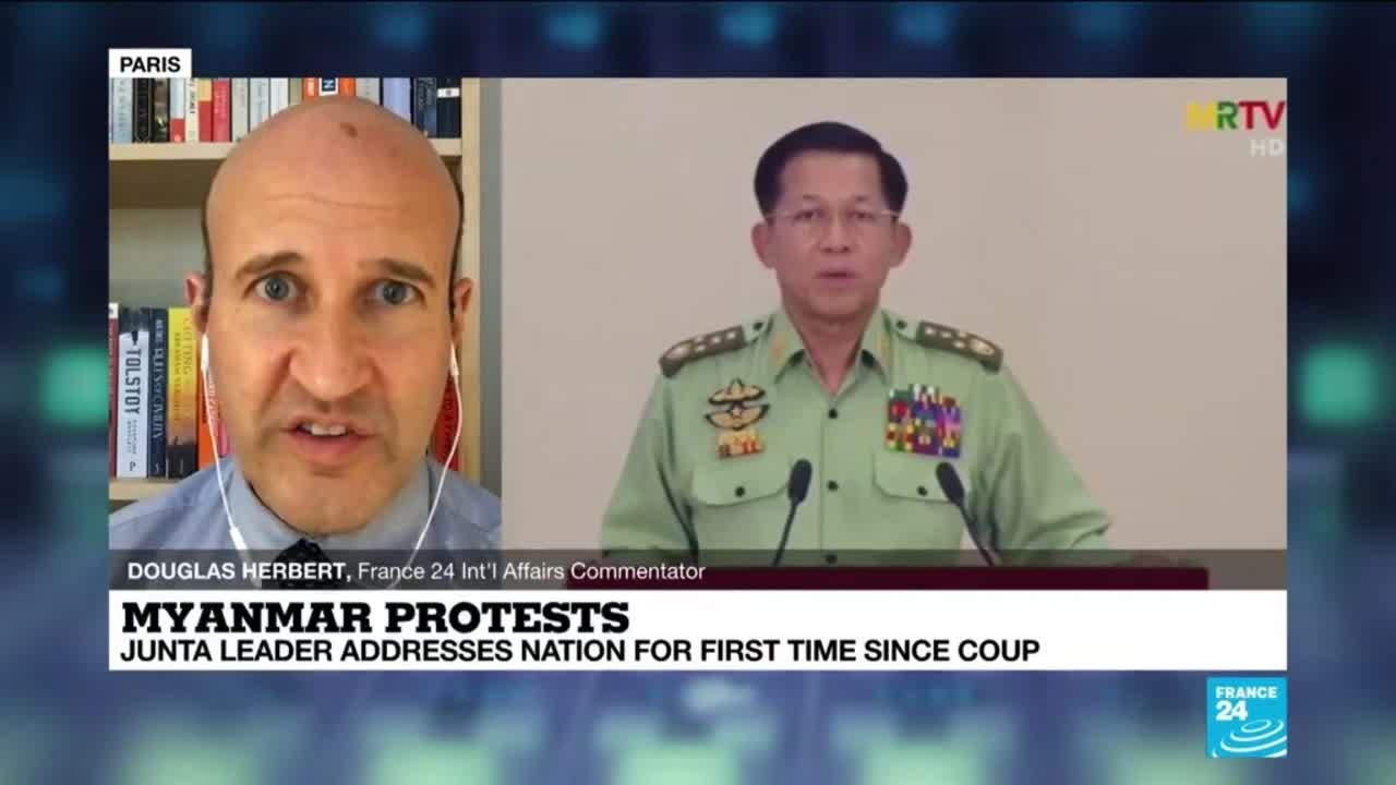 Myanmar junta leader gives first address to nation since coup