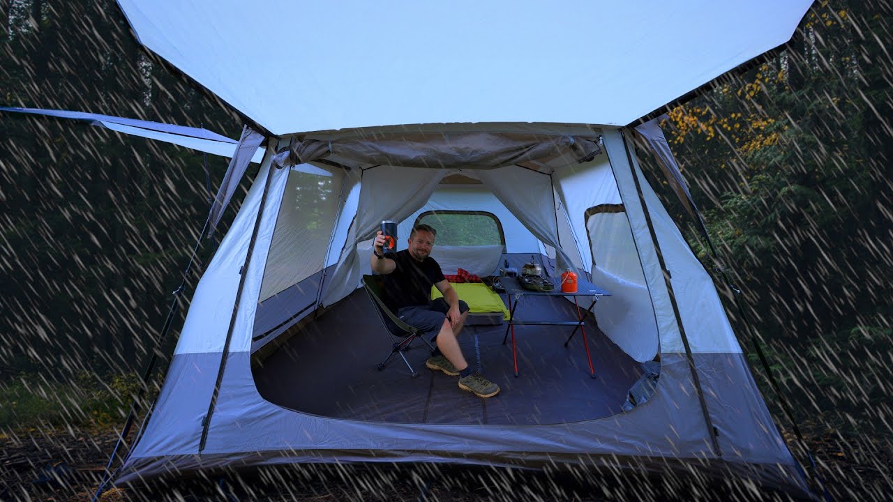 Rain Camping in the Largest Tent That I Have Ever Used