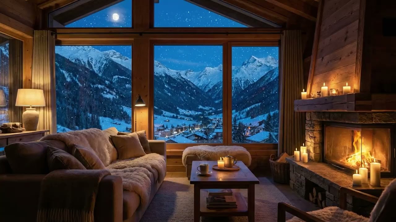 Cozy Cabin Night with Fireplace & Snowy Mountain View | Relaxing Winter Ambience for Sleep