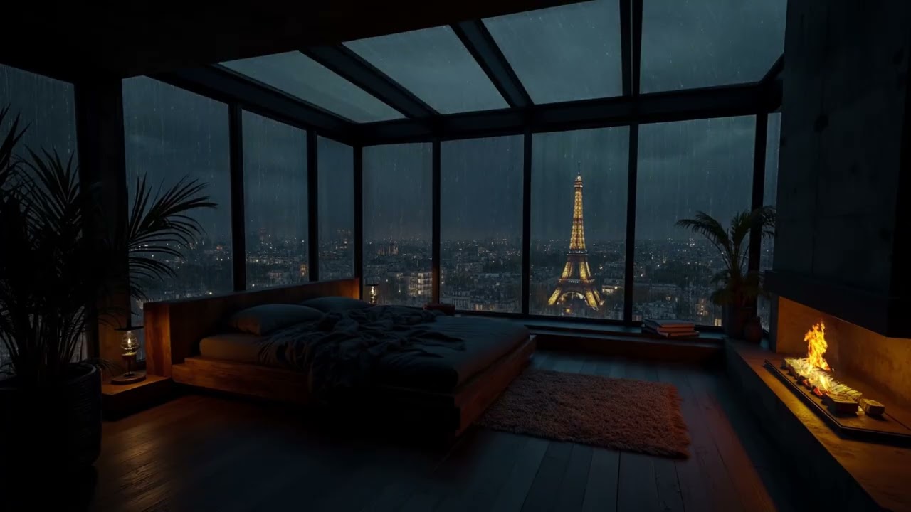 Sleep Better In Cozy Room At  Paris with Rain Sounds🌧️Rain Sounds & Crackling Fireplace For Sleeping