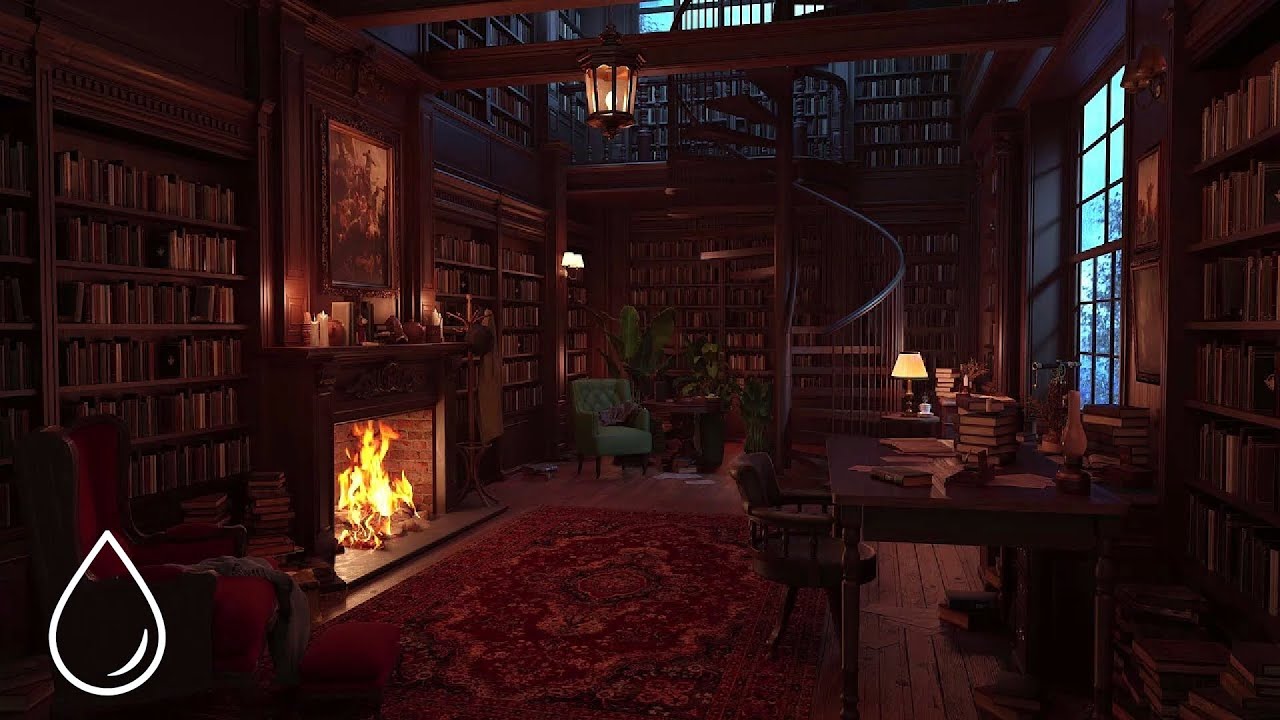 Rainy Library｜Soothing and Relaxing Rain Sounds + Thunderstorm｜Study & Relax Sounds｜Warm Fireplace