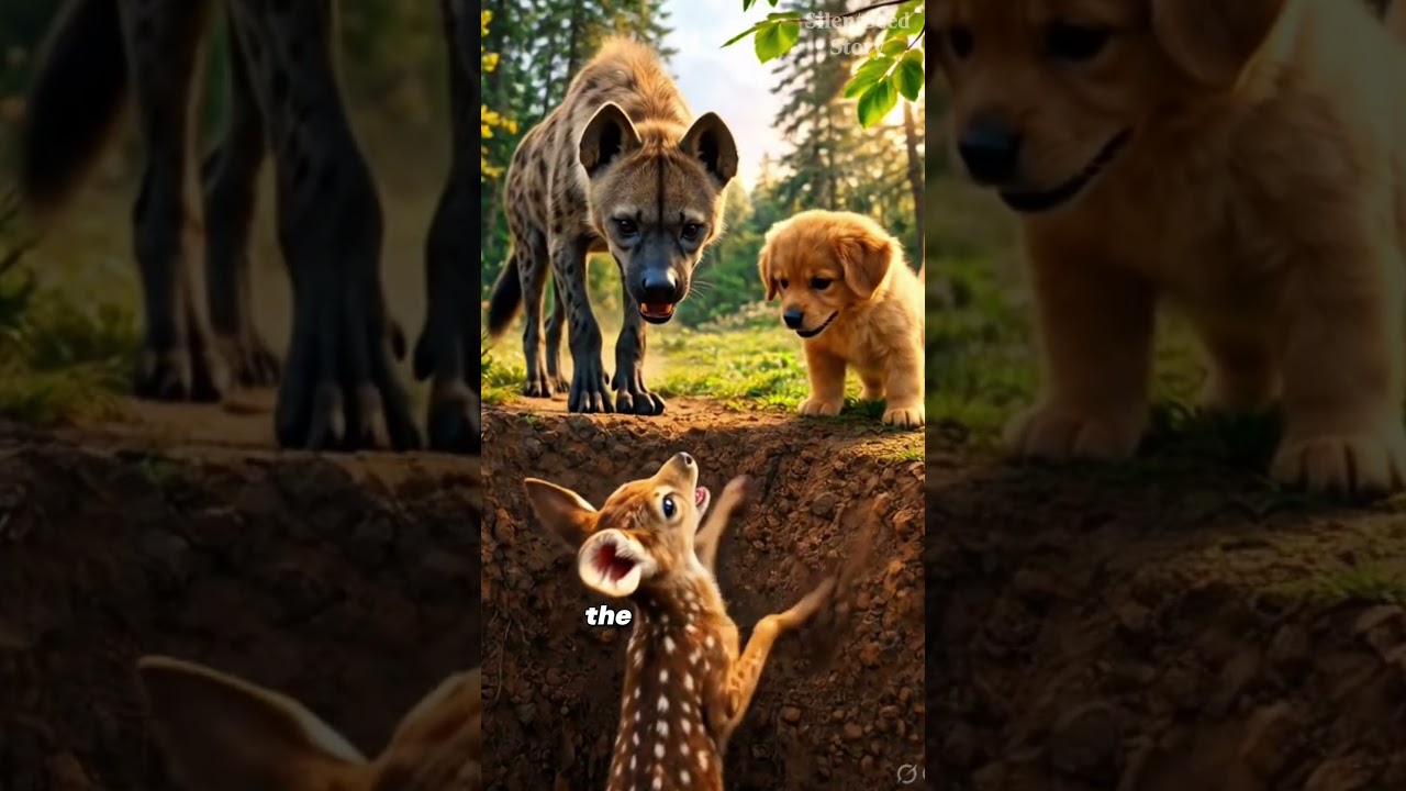 Brave Puppy Saves Baby Deer From a Hungry Hyena 🐶🦌 #shorts #puppy #BabyDeer #hyena #rescue #animals