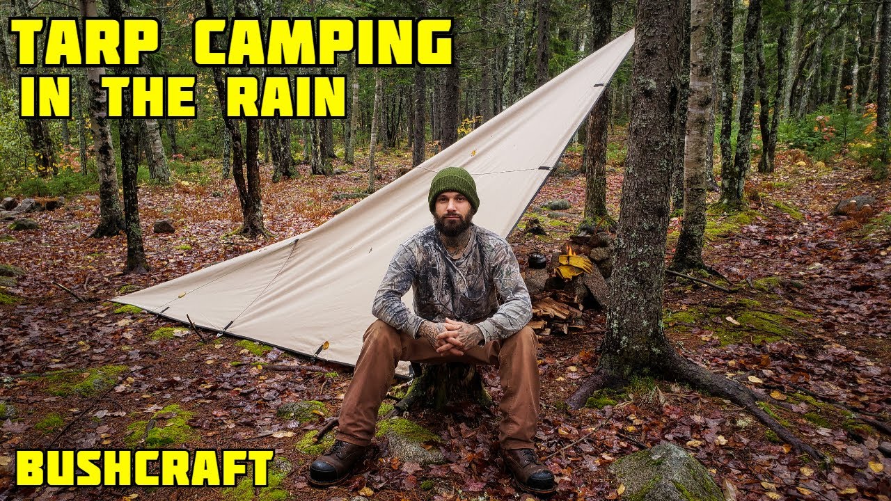 Tarp Camping In The Rain - Bushcraft Overnighter - Cooking Meat Over Fire