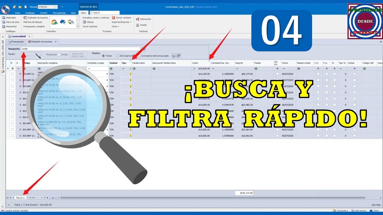Campo de Búsqueda y Renglón de Filtro en Neodata 2021