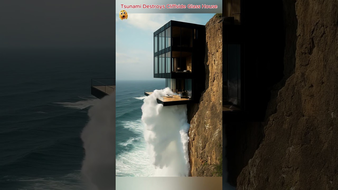 Tsunami Destroys Cliffside Glass House 😱 #tsunami