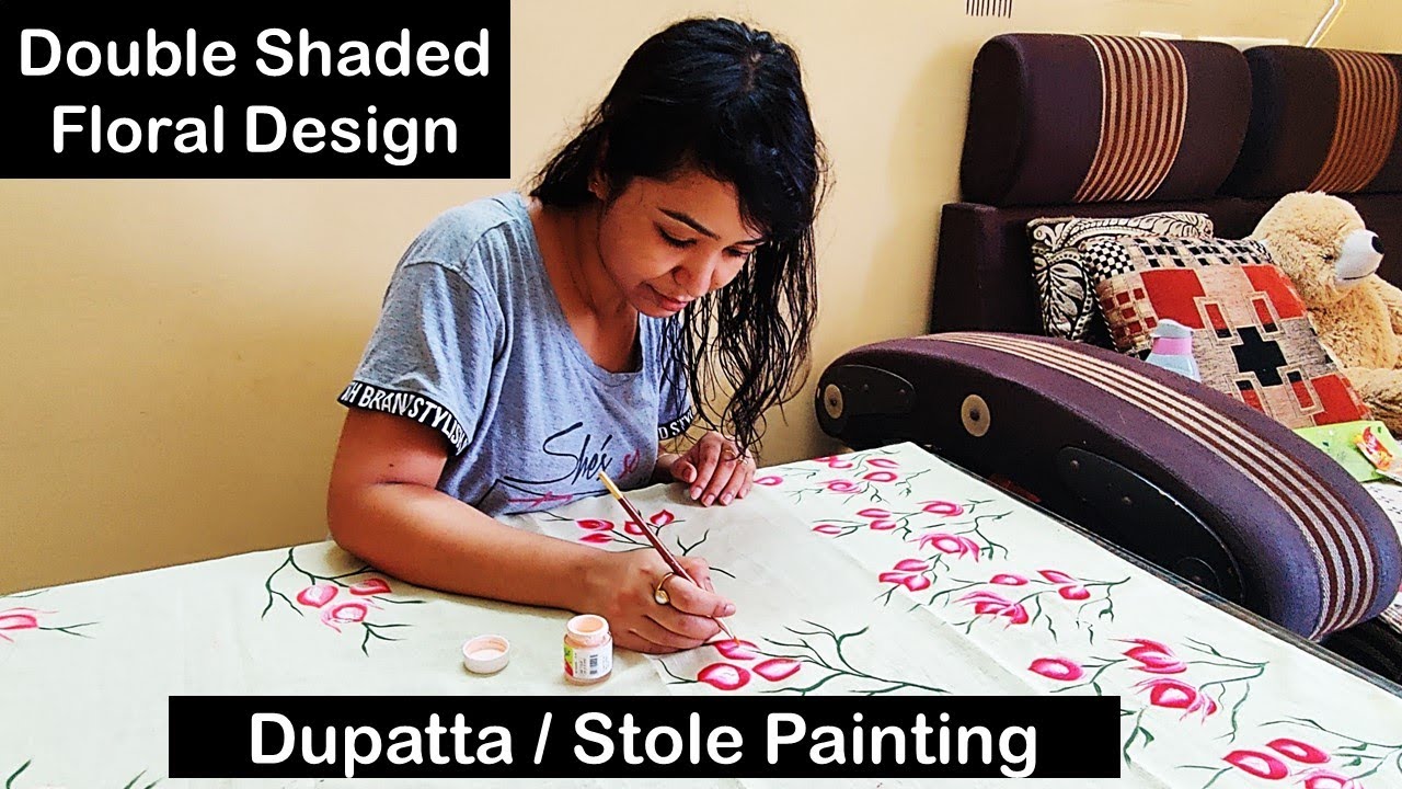 Double Shaded Floral Design on Organza Dupatta, Stole I Stole, Dupatta Painting