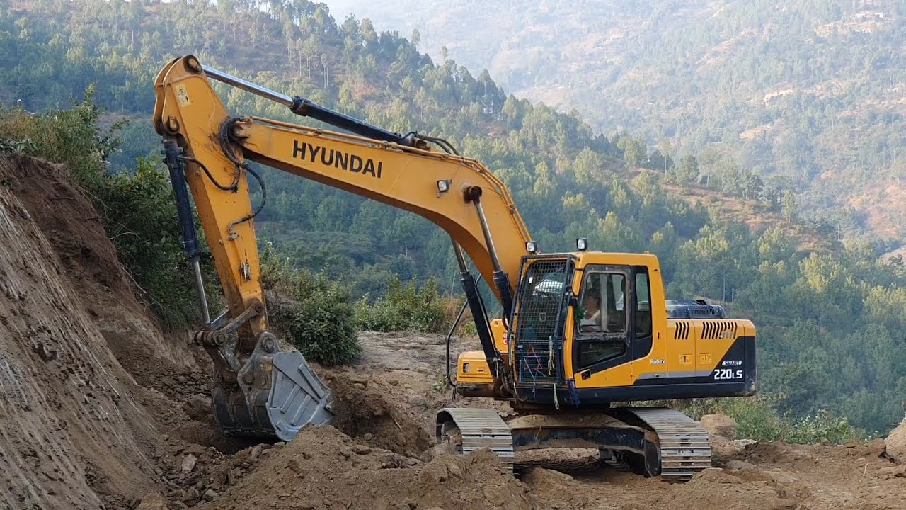Hyundai 220 Excavator Cutting Slope on Hill and Making Road - Hilly Road Construction