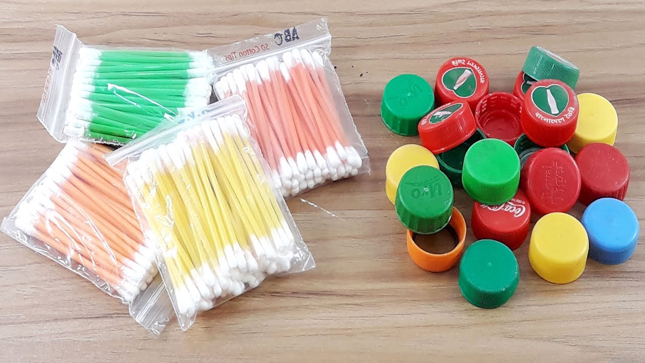 Cotton buds & Waste plastic bottle caps reuse idea | Best craft idea | DIY cotton buds