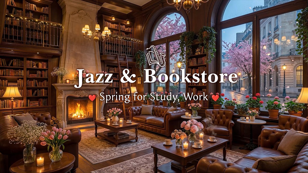 Cozy Cafe in a Relaxing Bookstore Ambience - Gentle Jazz Music With Spring for Study, Work