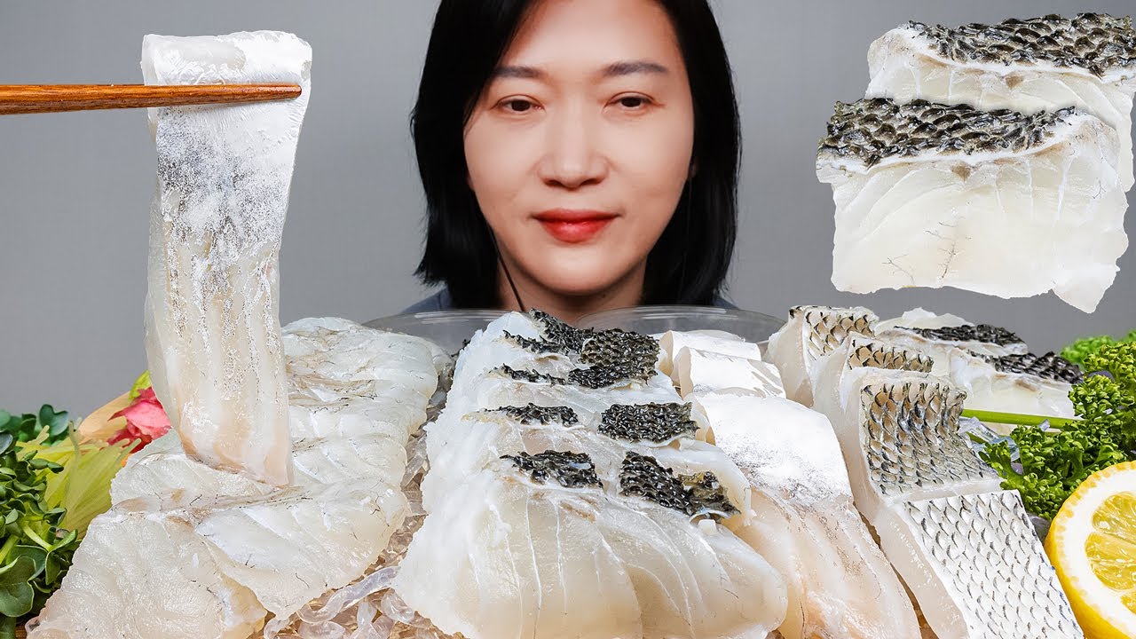 Корейская еда морского окуня сашими мукбанг звуки еды