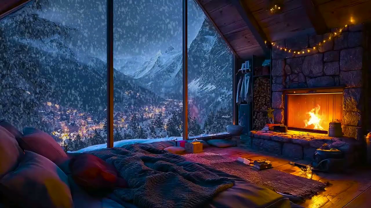 Warm Light, Falling Snow, and Quiet Fire Sounds Creating the Perfect Winter Sleep Ambience