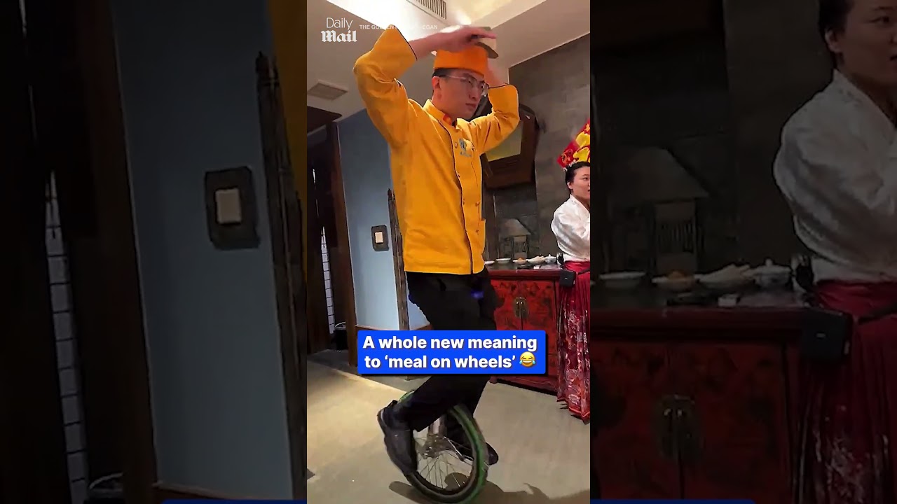 Chef slices noodles while riding unicycle
